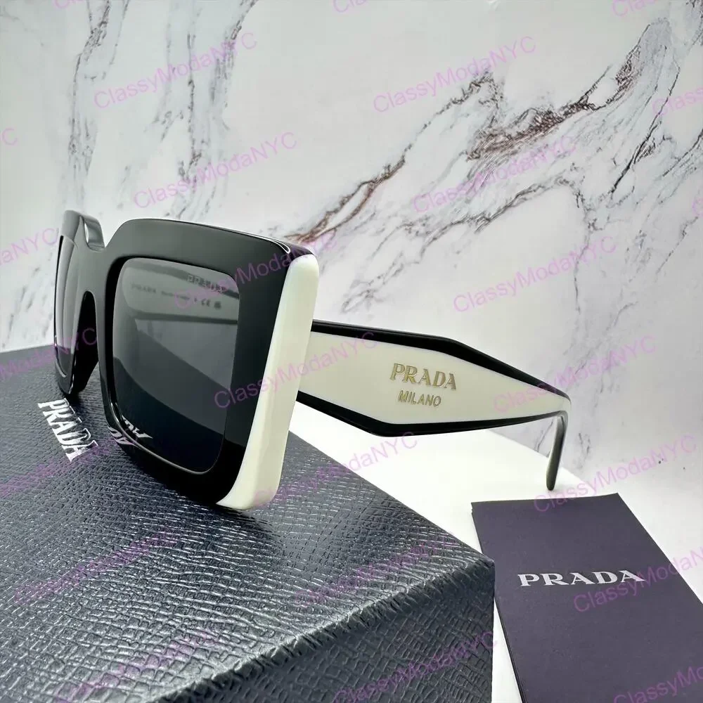 New PRADA Sunglasses Black White Talc Gold Symbole Logo Womens Rectangle